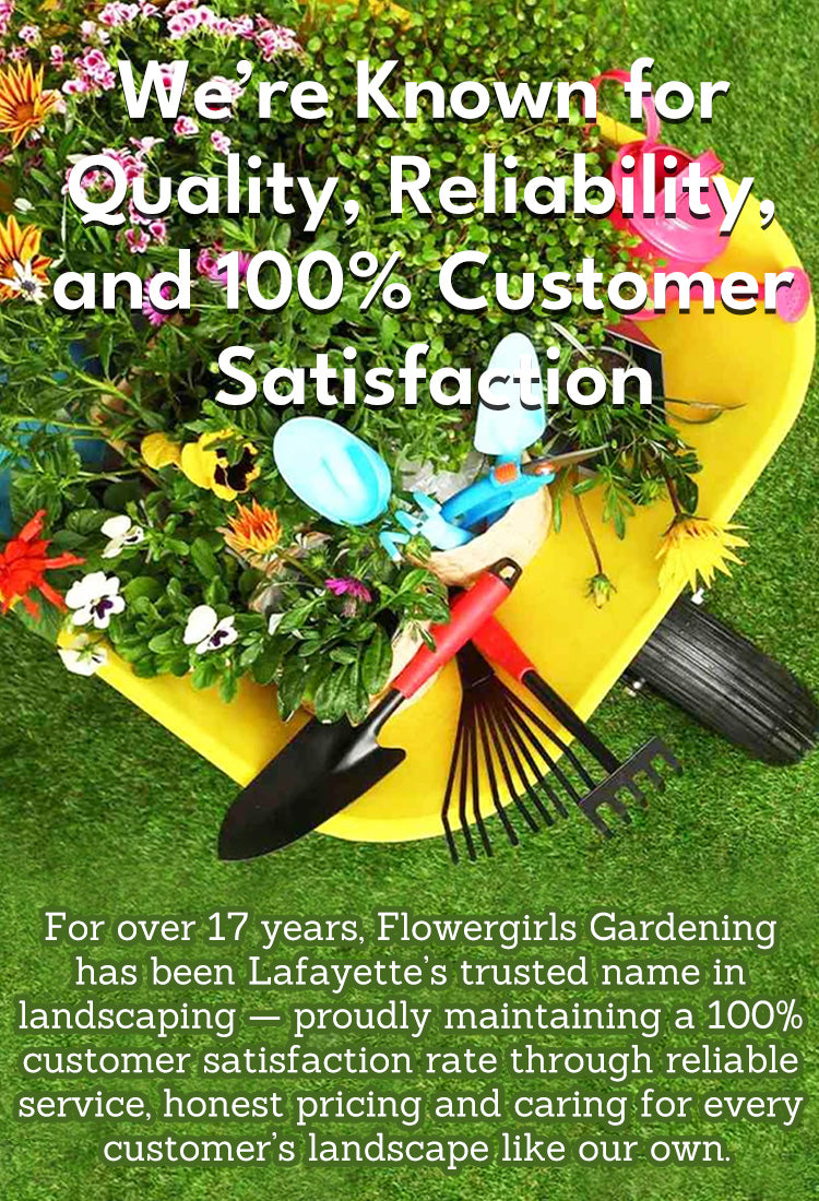 Gardening tools and flowers with text about quality, reliability, and customer satisfaction.